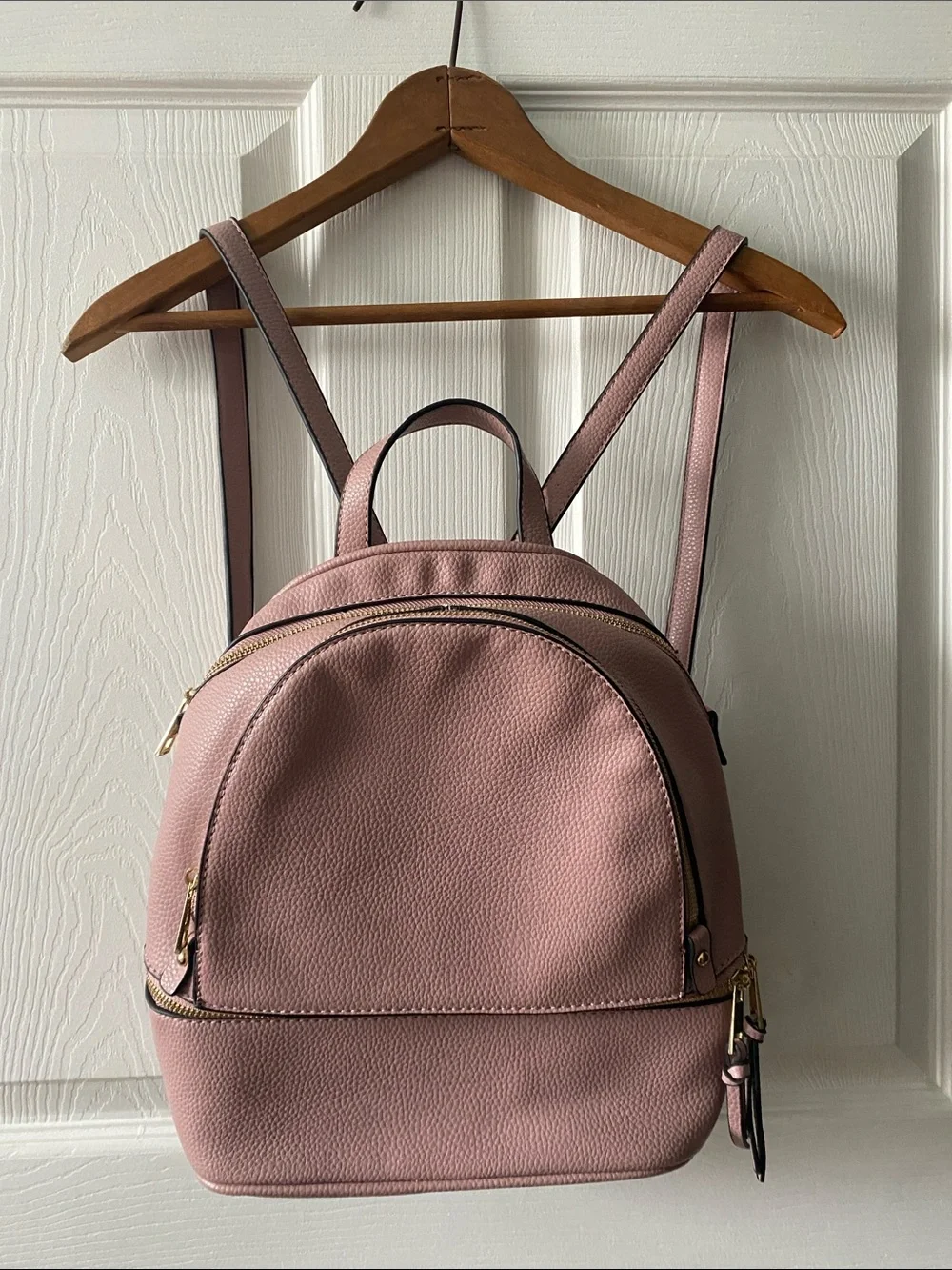 Blush Pink Mini Backpack with Gold Hardware and Striped Lining.